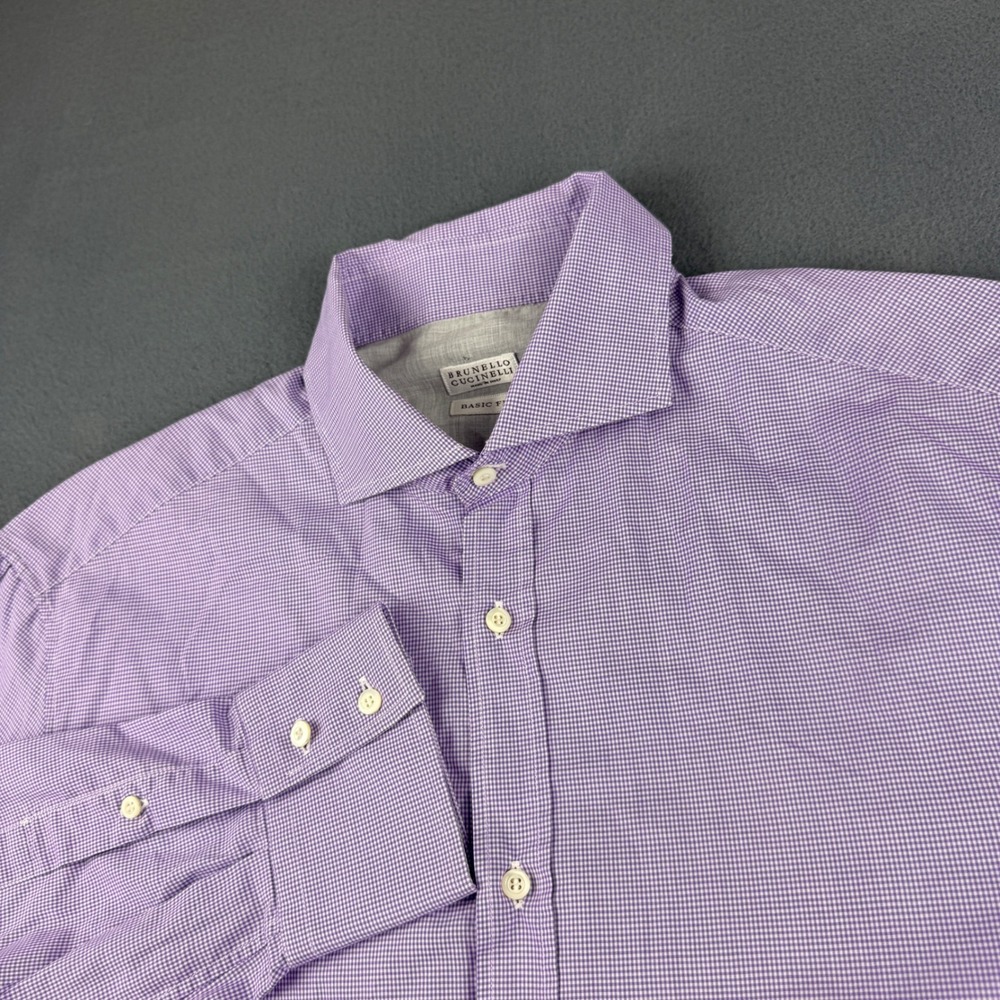 Brunello Cucinelli Shirt Mens 2XL Purple Micro Gingham Button Up Basic Fit Italy